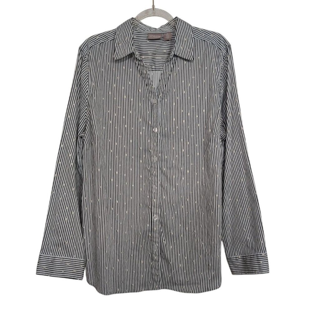 Chicos 2 Stripe Polka Dot Shirt Womens Size Large White Collared Button Front